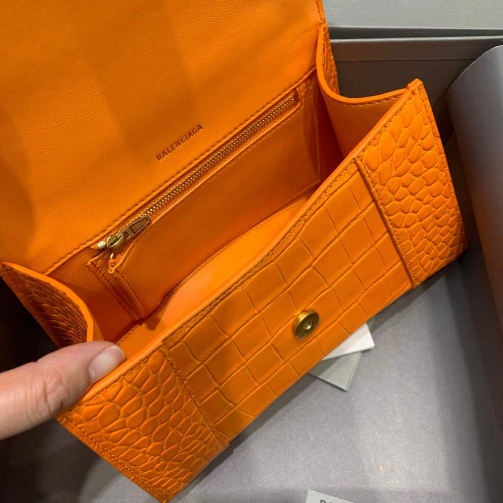 Balenciaga 593546 Hourglass Small Top Many Crocodile Bolsa Orange Gold-5