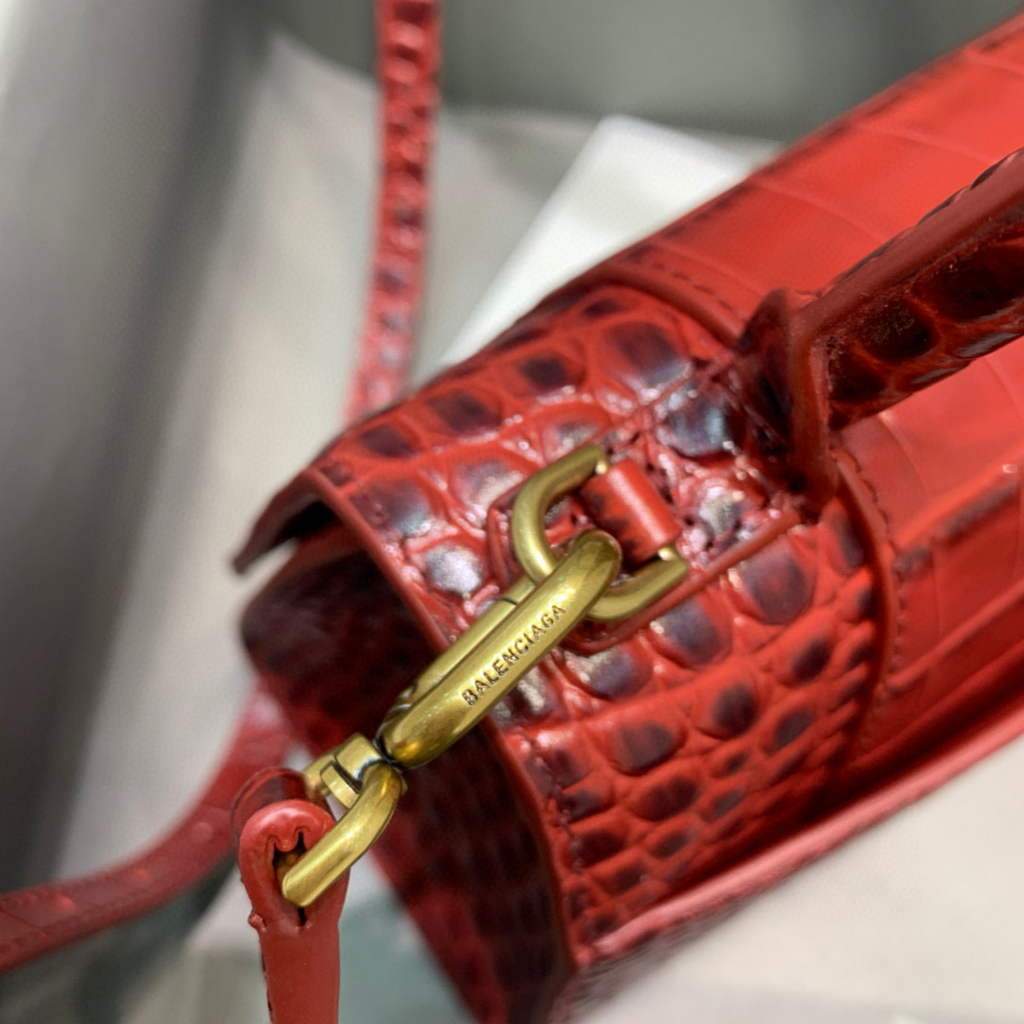 Balenciaga 593546 Hourglass Small Top Many Crocodile Bolsa Red-4
