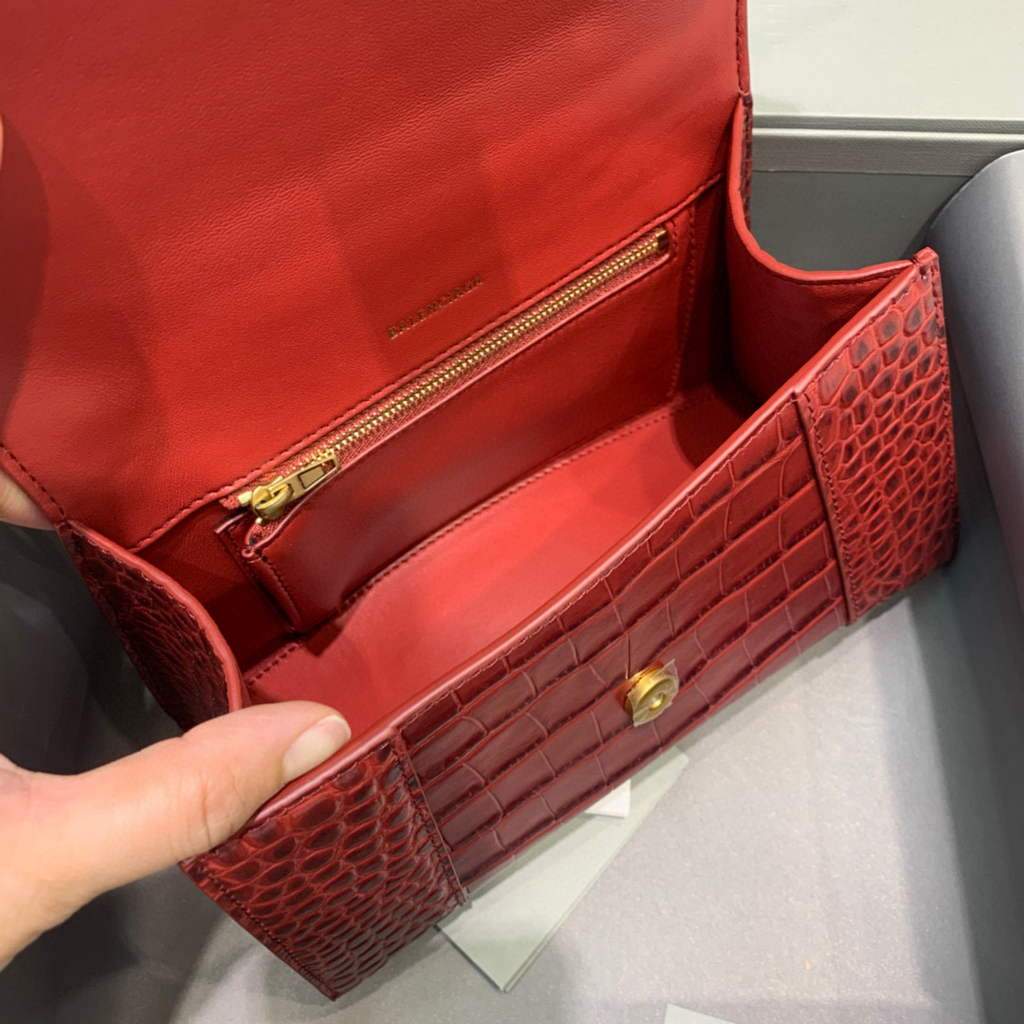 Balenciaga 593546 Hourglass Small Top Many Crocodile Bolsa Red-5