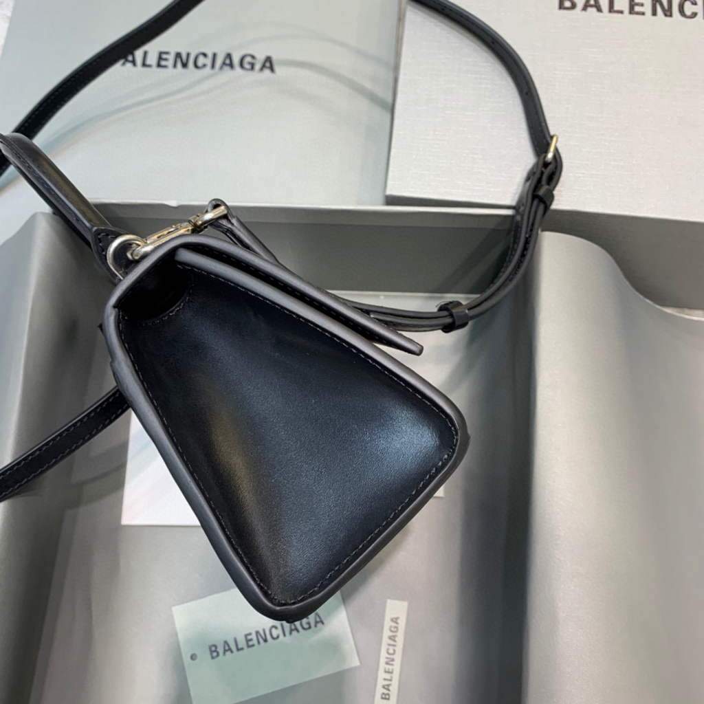 Balenciaga 592833 Hourglass XS Manija superior Bolso de cuero Plata negra-1