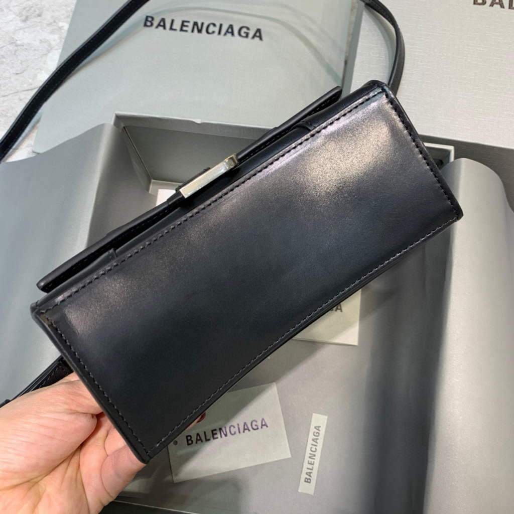 Balenciaga 592833 Hourglass XS Manija superior Bolso de cuero Plata negra-2