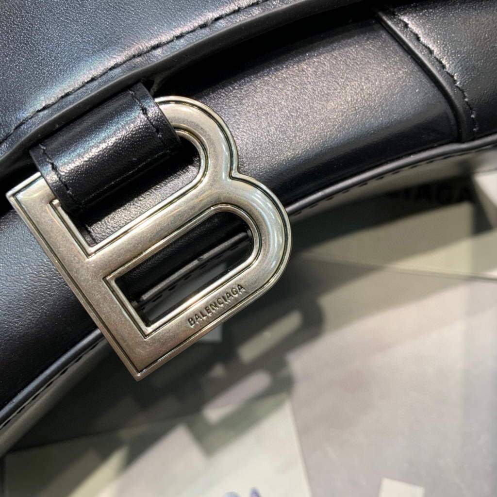 Balenciaga 592833 Hourglass XS Manija superior Bolso de cuero Plata negra-3