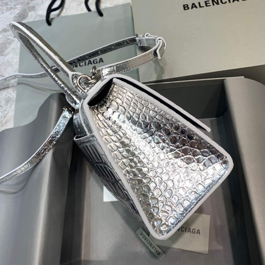 Balenciaga 593546 Hourglass Small Top Many Crocodile Bolsa Silver-1