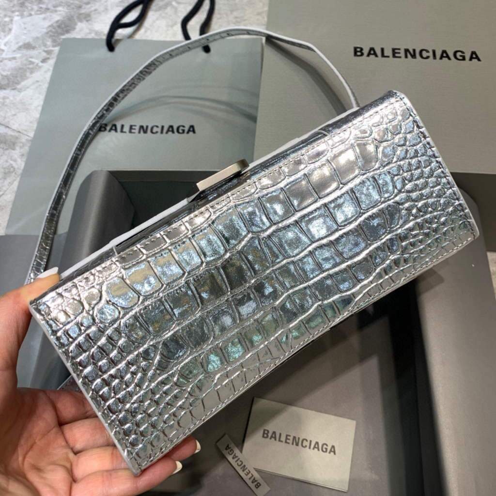Balenciaga 593546 Hourglass Small Top Many Crocodile Bolsa Silver-2