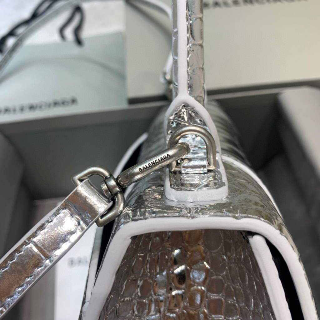 Balenciaga 593546 Hourglass Small Top Many Crocodile Bolsa Silver-4