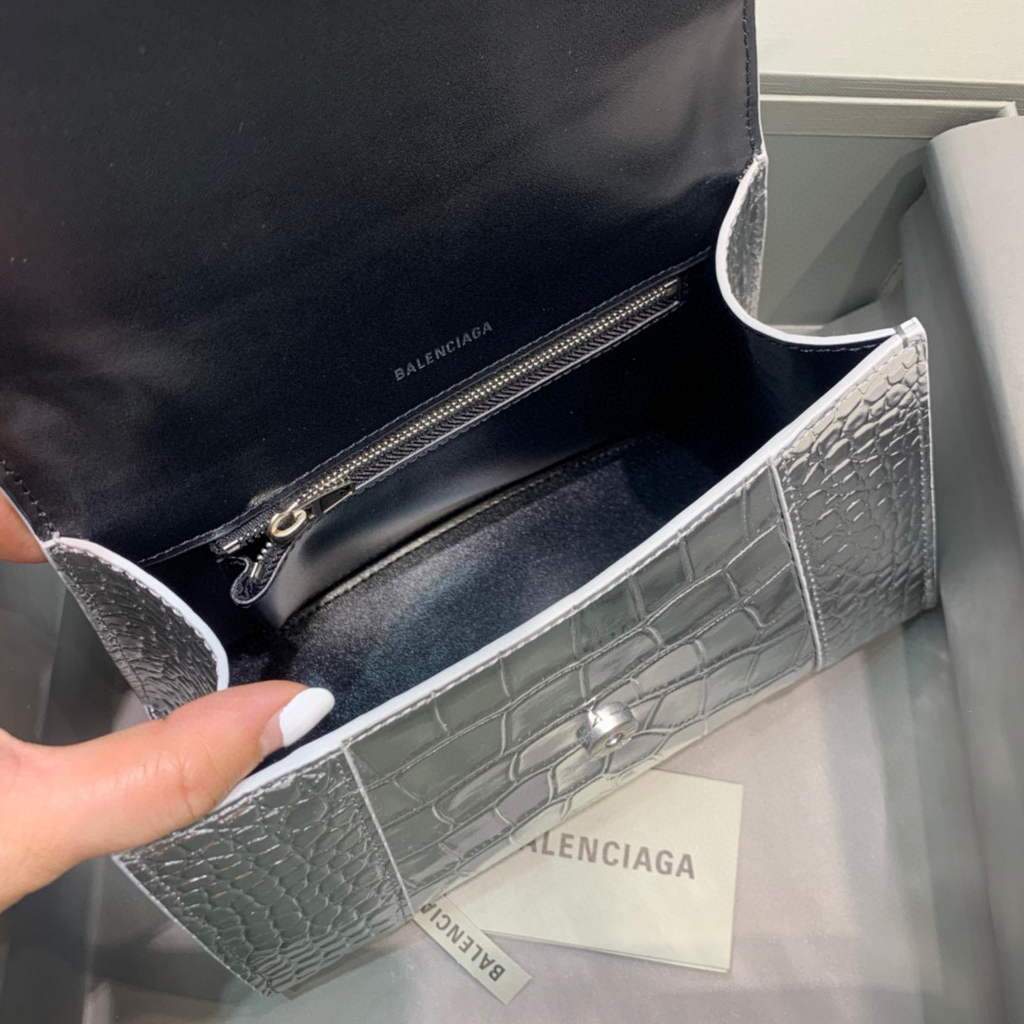 Balenciaga 593546 Hourglass Small Top Many Crocodile Bolsa Silver-5