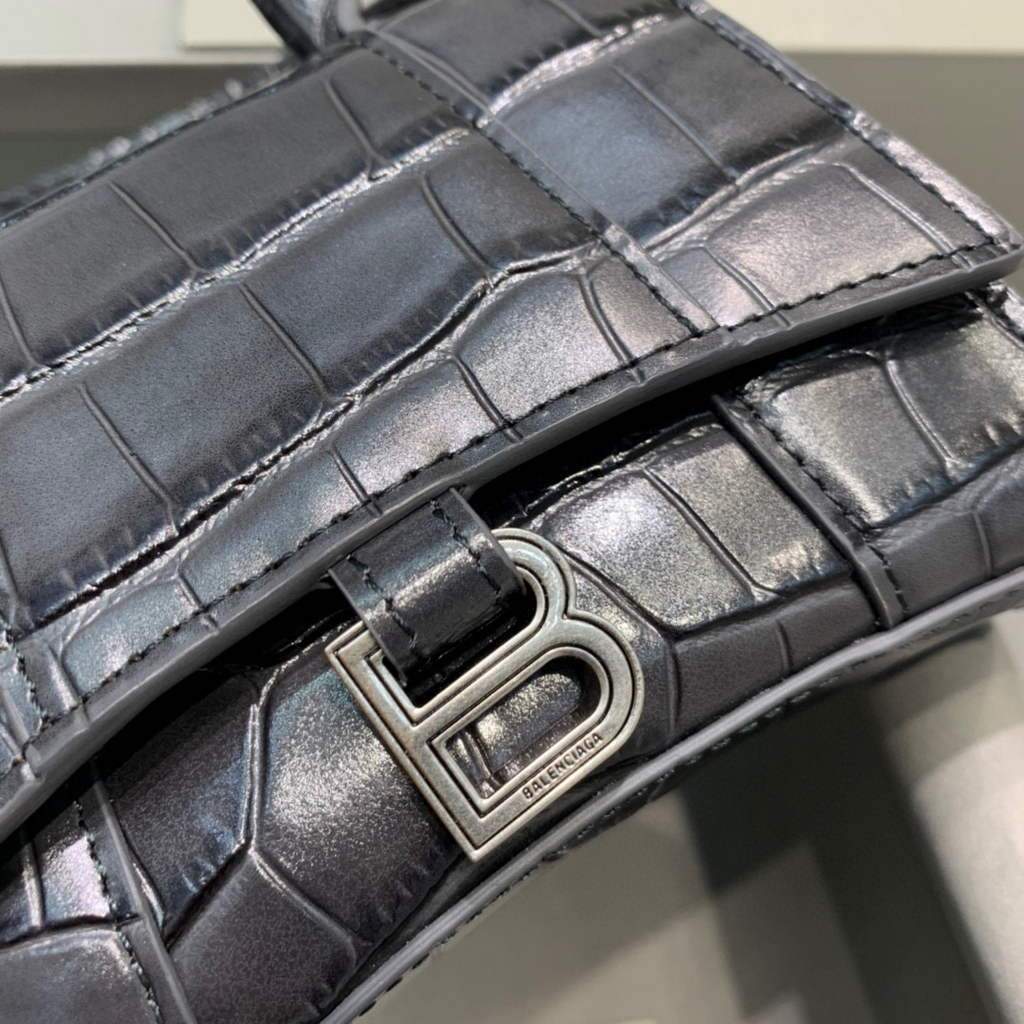 Balenciaga 664676 Harglass Mini Mango superior Crocodile HandBolsa Negro-3