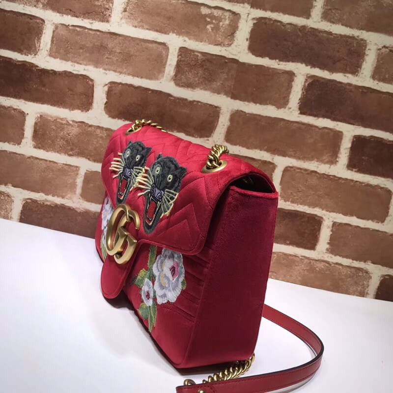 Aniversario Gucci GG Marmont Small Panther Velvet Shoulder Bolsa 443496-2