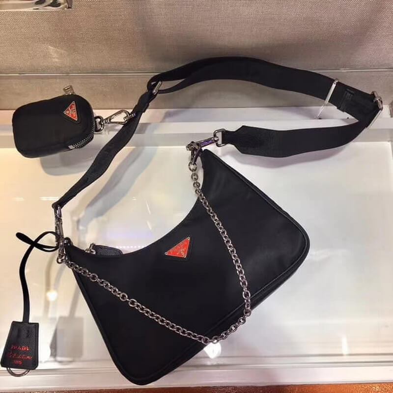 Bolsa Multi-Pochette de Nylon de reedición Prada 1BH204 Negro con logotipo rojo-2
