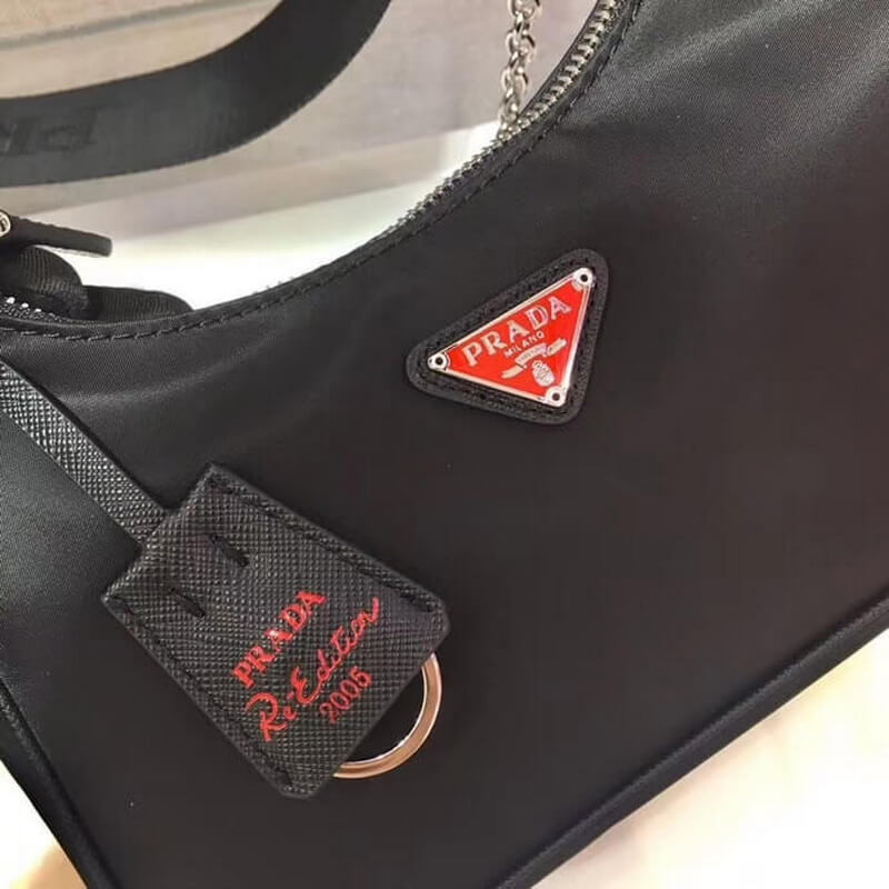 Bolsa Multi-Pochette de Nylon de reedición Prada 1BH204 Negro con logotipo rojo-3