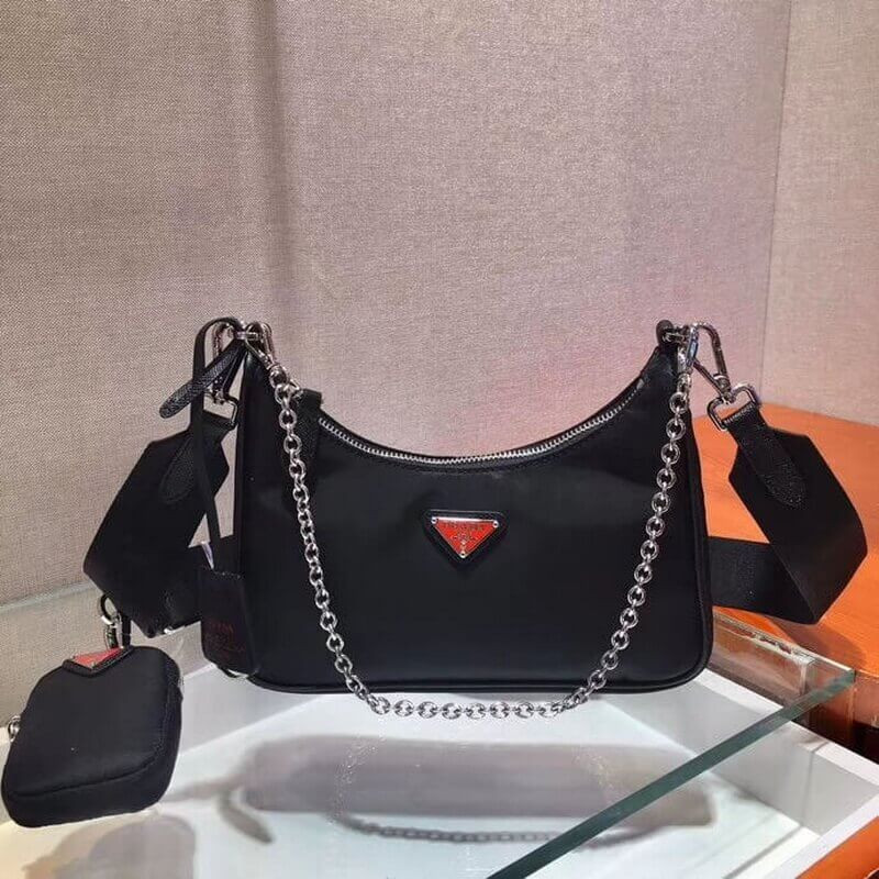 Bolsa Multi-Pochette de Nylon de reedición Prada 1BH204 Negro con logotipo rojo-4