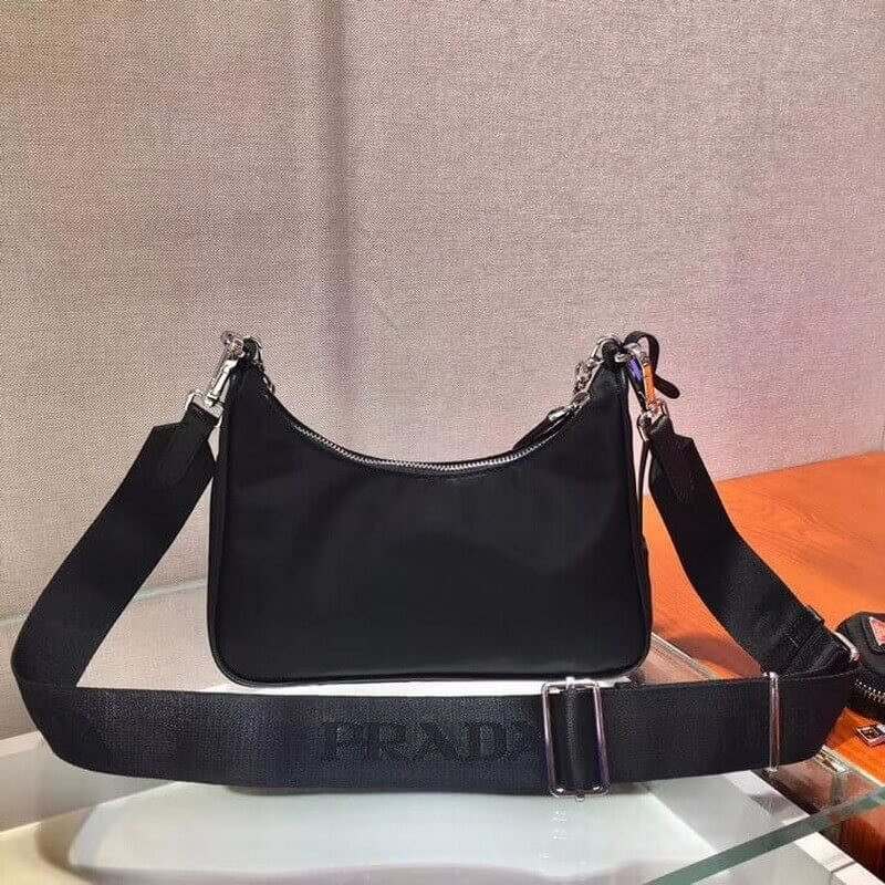 Bolsa Multi-Pochette de Nylon de reedición Prada 1BH204 Negro con logotipo rojo-5