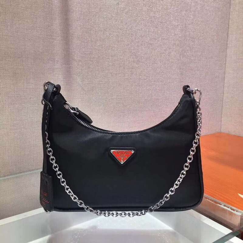 Bolsa Multi-Pochette de Nylon de reedición Prada 1BH204 Negro con logotipo rojo-7