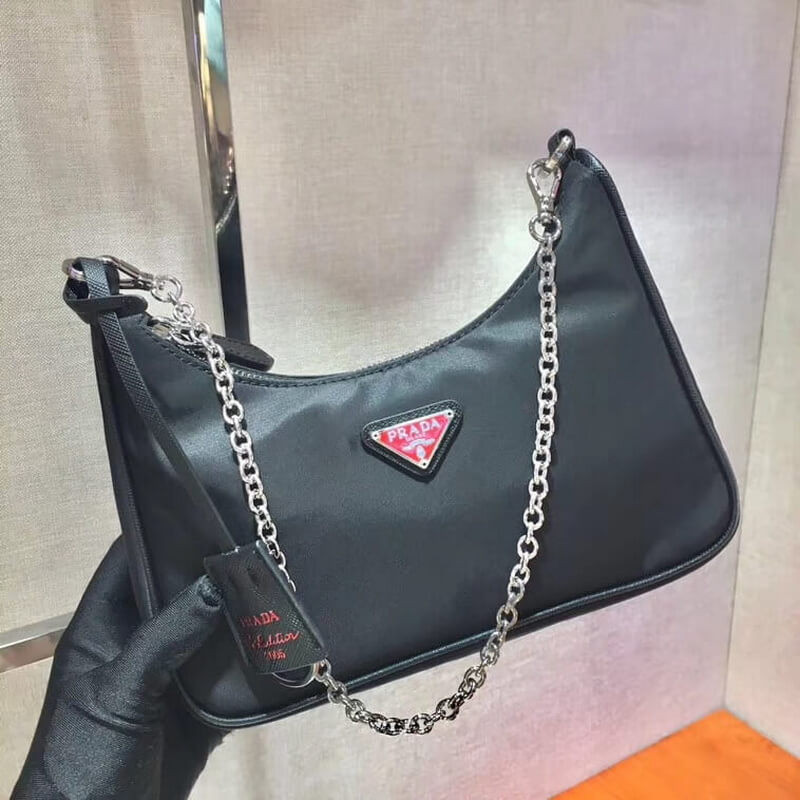 Bolsa Multi-Pochette de Nylon de reedición Prada 1BH204 Negro con logotipo rojo-8