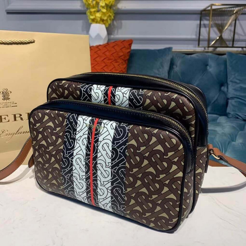 Burberry Medium Monogram Stripe E-Canvas Camera Bolsa 80193761-1