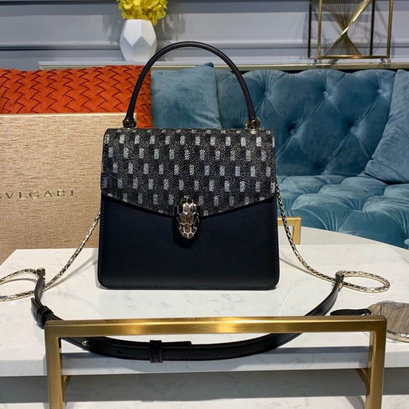 BVLGARI SERPENTI Forever Crossbody Top Many Bolsa 18 cm en la piel de cristal de diamante de carbón 284537-1
