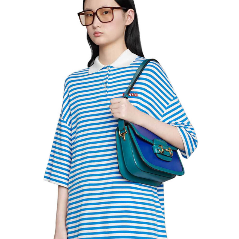 Gucci Horsebit 1955 Bolsa de hombro pequeño 602204 Cuero azul y verde-1