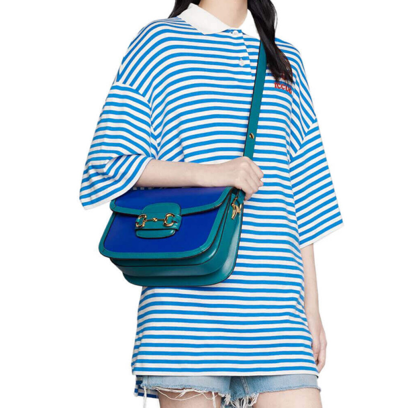 Gucci Horsebit 1955 Bolsa de hombro pequeño 602204 Cuero azul y verde-2