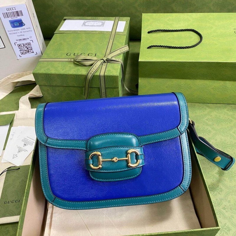 Gucci Horsebit 1955 Bolsa de hombro pequeño 602204 Cuero azul y verde-3