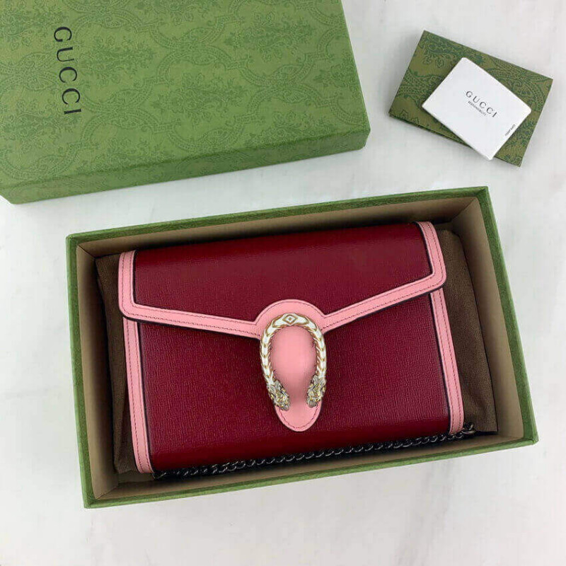 Gucci Dionysus mini cadena en cuero rojo y rosa 401231-10