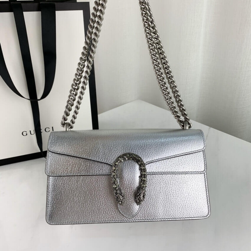 Gucci Dionysus Bolso de hombro pequeño en cuero cojo de plata 499623-5