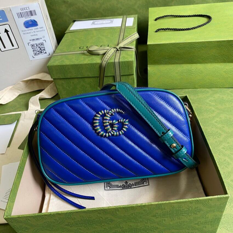 Gucci GG Marmont Bolso de hombro pequeño 447632 Cuero azul y esmeralda-1