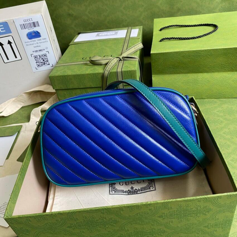 Gucci GG Marmont Bolso de hombro pequeño 447632 Cuero azul y esmeralda-2