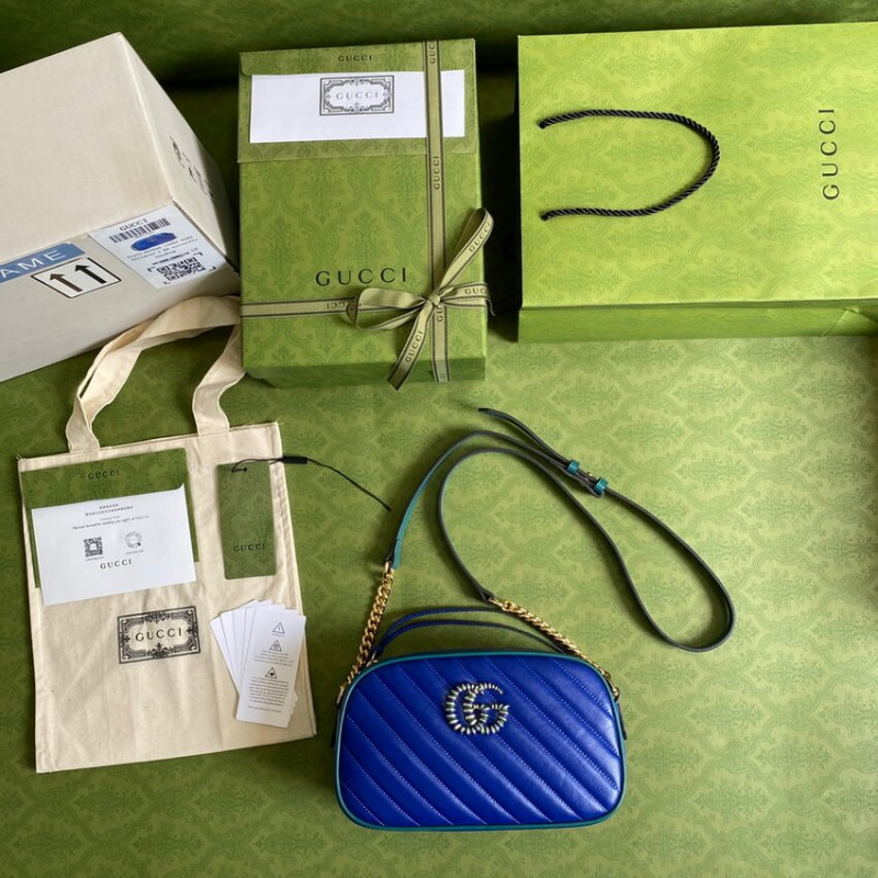 Gucci GG Marmont Bolso de hombro pequeño 447632 Cuero azul y esmeralda-9