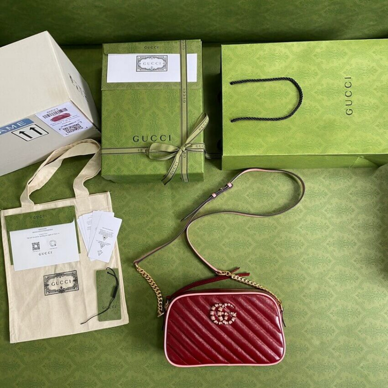 Gucci GG Marmont Bolso de hombro pequeño 447632 Rojo rojo y esmeralda-10