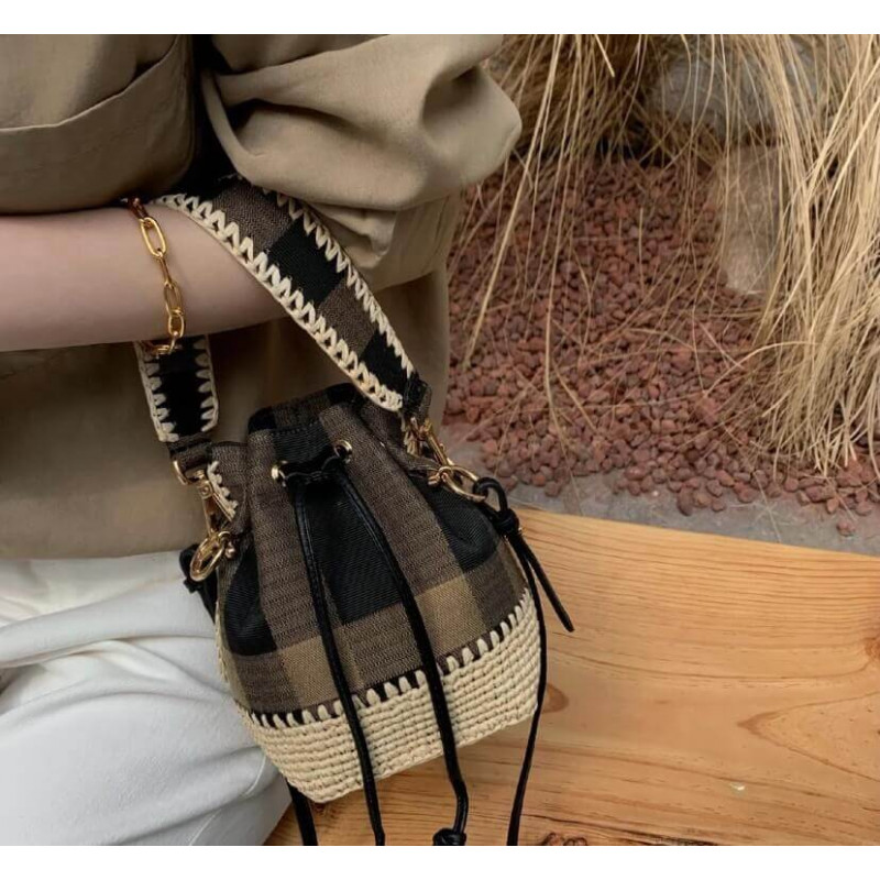 Fendi Brown Mon Tresor Mini Canvas&Raffia Bucket Bolsa 2028-1