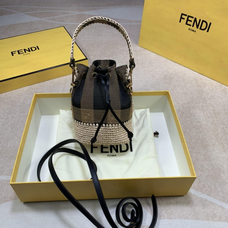 Fendi Brown Mon Tresor Mini Canvas&Raffia Bucket Bolsa 2028-6