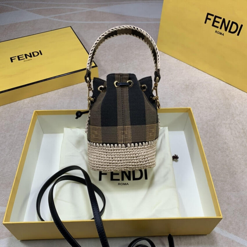 Fendi Brown Mon Tresor Mini Canvas&Raffia Bucket Bolsa 2028-7