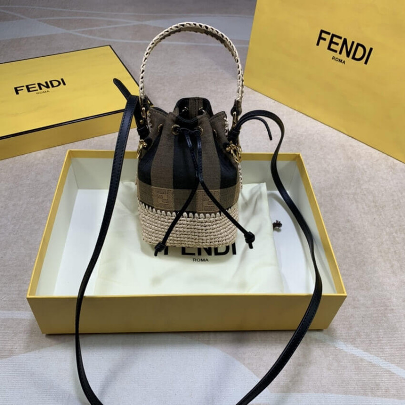 Fendi Brown Mon Tresor Mini Canvas&Raffia Bucket Bolsa 2028-8