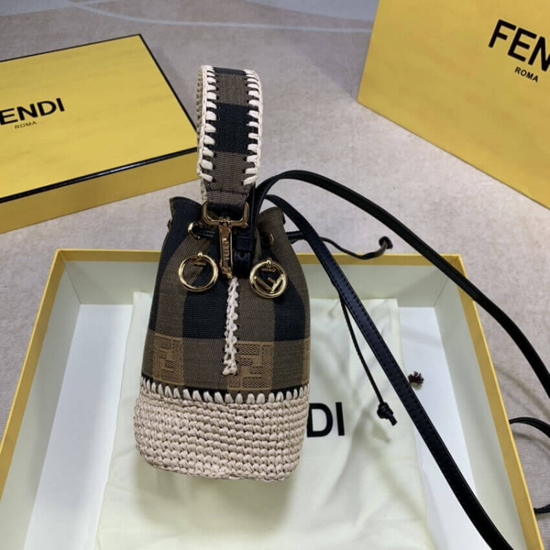 Fendi Brown Mon Tresor Mini Canvas&Raffia Bucket Bolsa 2028-9