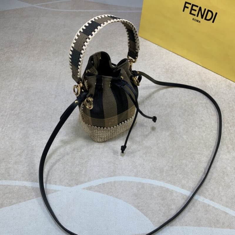 Fendi Brown Mon Tresor Mini Canvas&Raffia Bucket Bolsa 2028-11