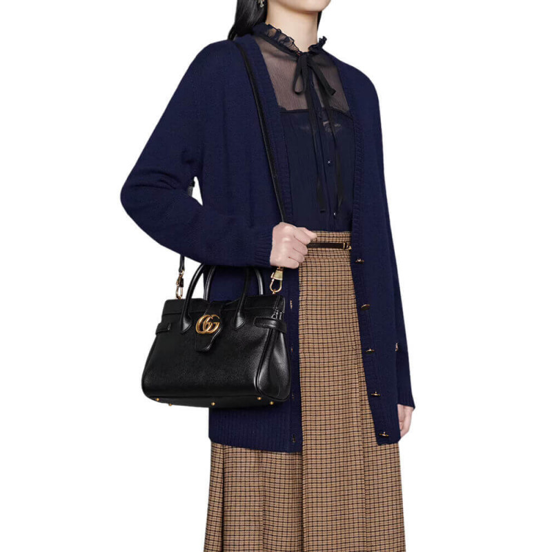 Bolsa de mango superior pequeño Gucci con doble G en cuero negro 658450-1