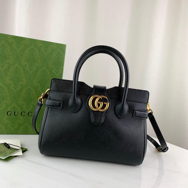Bolsa de mango superior pequeño Gucci con doble G en cuero negro 658450-3