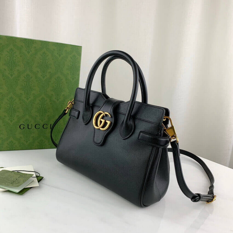 Bolsa de mango superior pequeño Gucci con doble G en cuero negro 658450-4