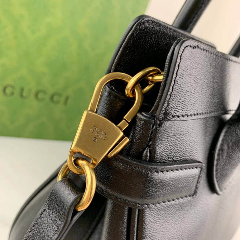 Bolsa de mango superior pequeño Gucci con doble G en cuero negro 658450-8