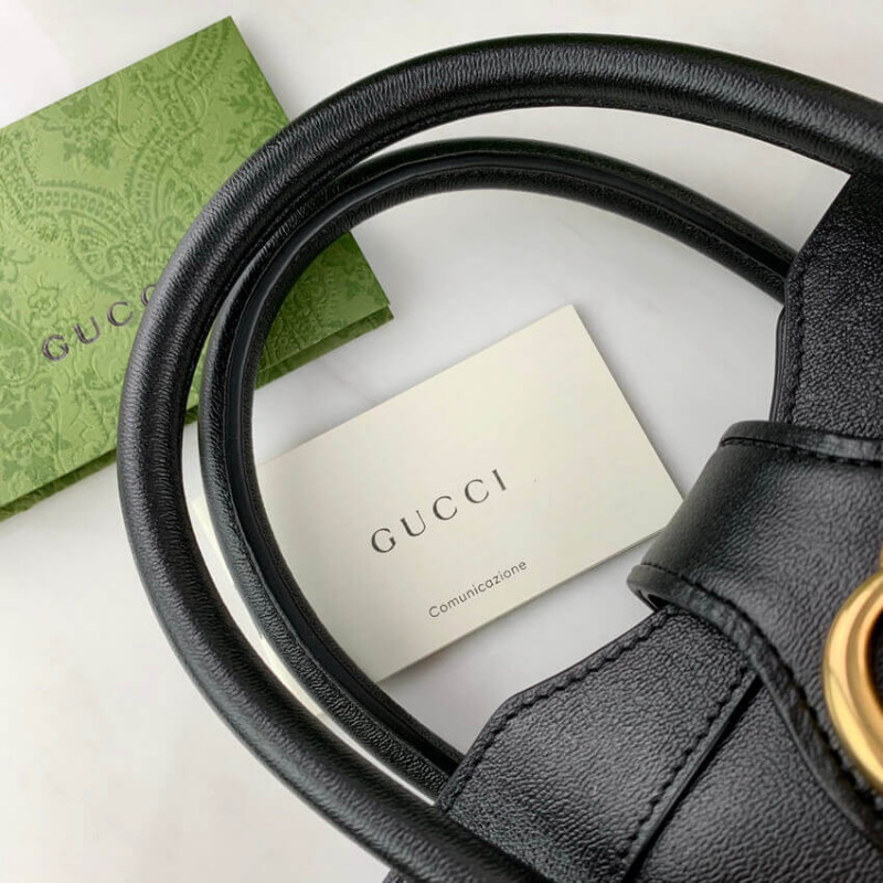 Bolsa de mango superior pequeño Gucci con doble G en cuero negro 658450-9