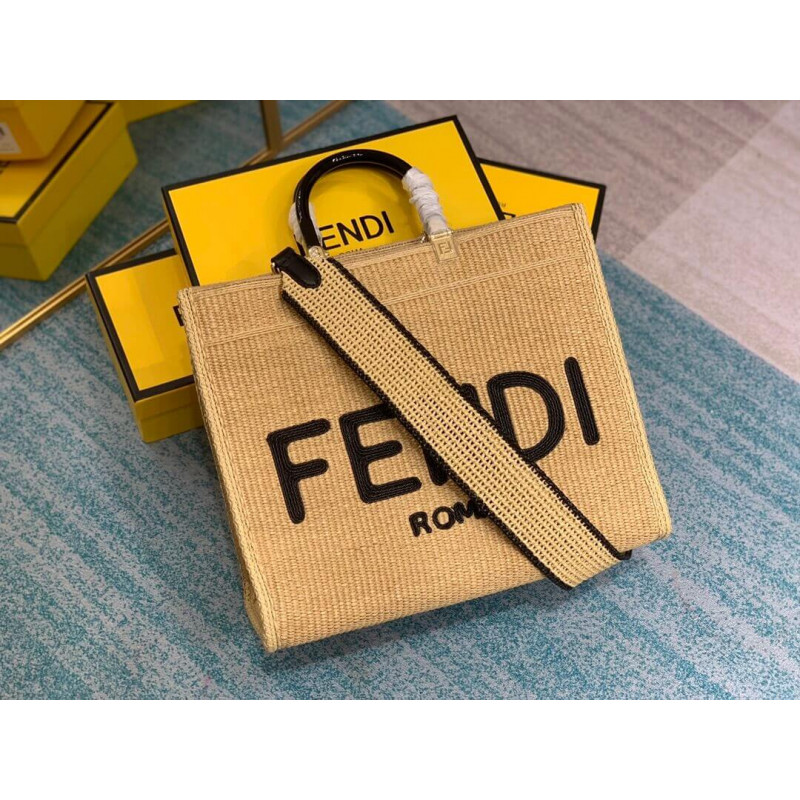 Fendi Sunshine Medium Shopper Woven Raffia Tote 8BH386 Beige-1