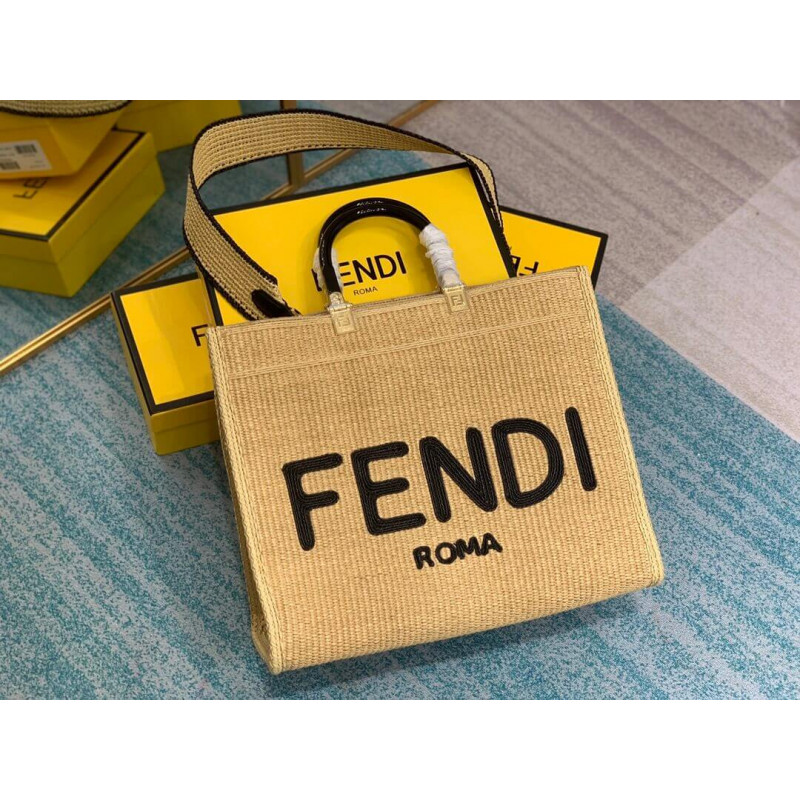 Fendi Sunshine Medium Shopper Woven Raffia Tote 8BH386 Beige-2