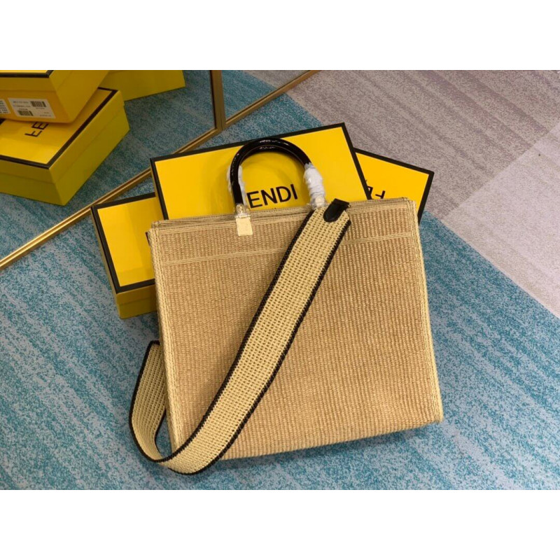 Fendi Sunshine Medium Shopper Woven Raffia Tote 8BH386 Beige-3