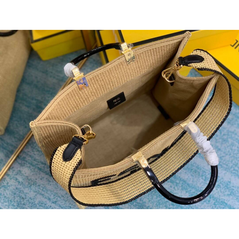 Fendi Sunshine Medium Shopper Woven Raffia Tote 8BH386 Beige-4