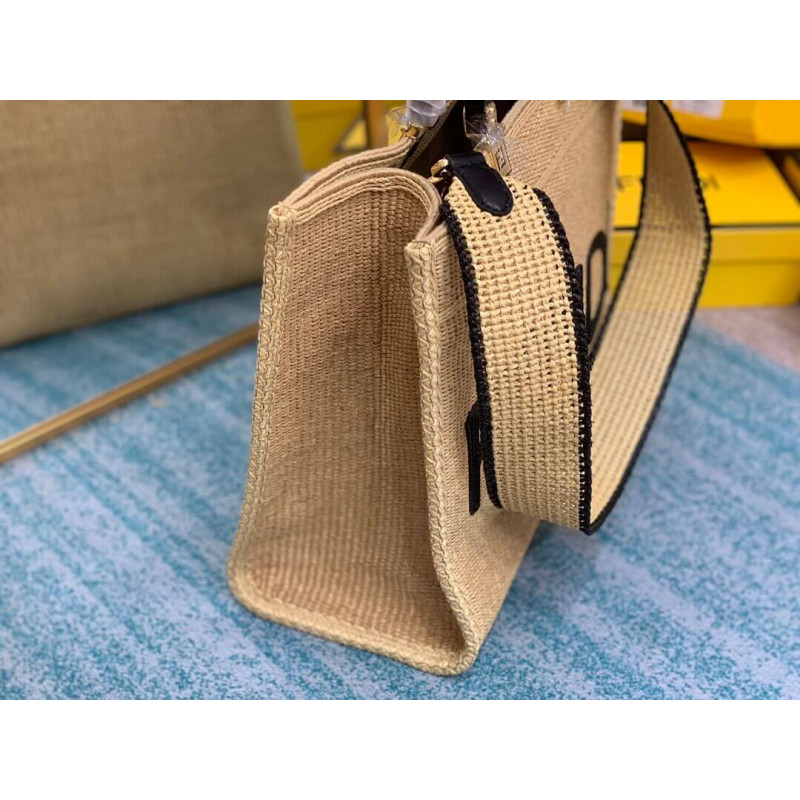 Fendi Sunshine Medium Shopper Woven Raffia Tote 8BH386 Beige-5