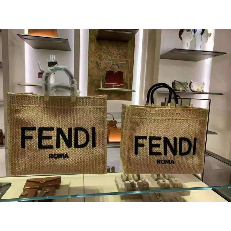 Fendi Sunshine Medium Shopper Woven Raffia Tote 8BH386 Beige-10