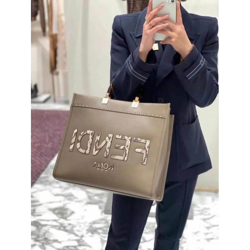 Fendi Medium Sunshine Shopper 8BH386 en cuero gris y elaphe-2