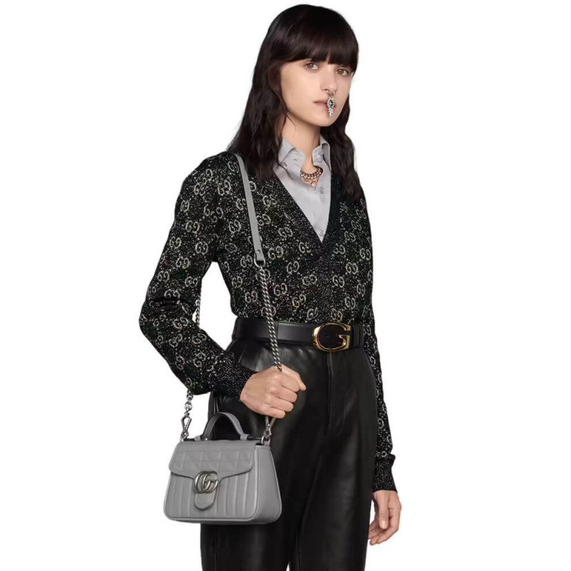 Gucci GG Marmont Grey Matelasse Leather Mini Top Many Bolsa 583571-1