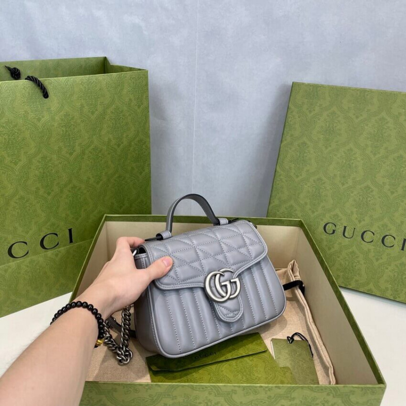 Gucci GG Marmont Grey Matelasse Leather Mini Top Many Bolsa 583571-5